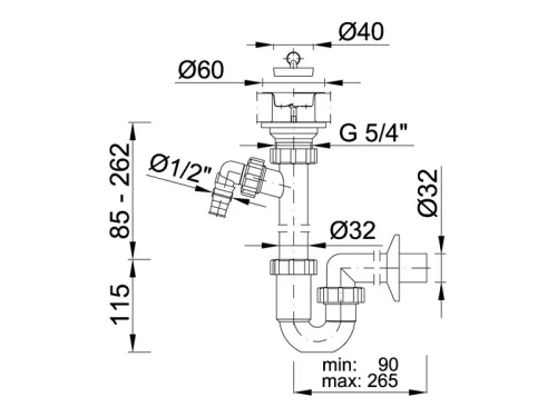 Csőszifon, leeresztőszeleppel, mosógépcsatlakozóval, 32 mm-es elfolyással (STY-638-32-3)